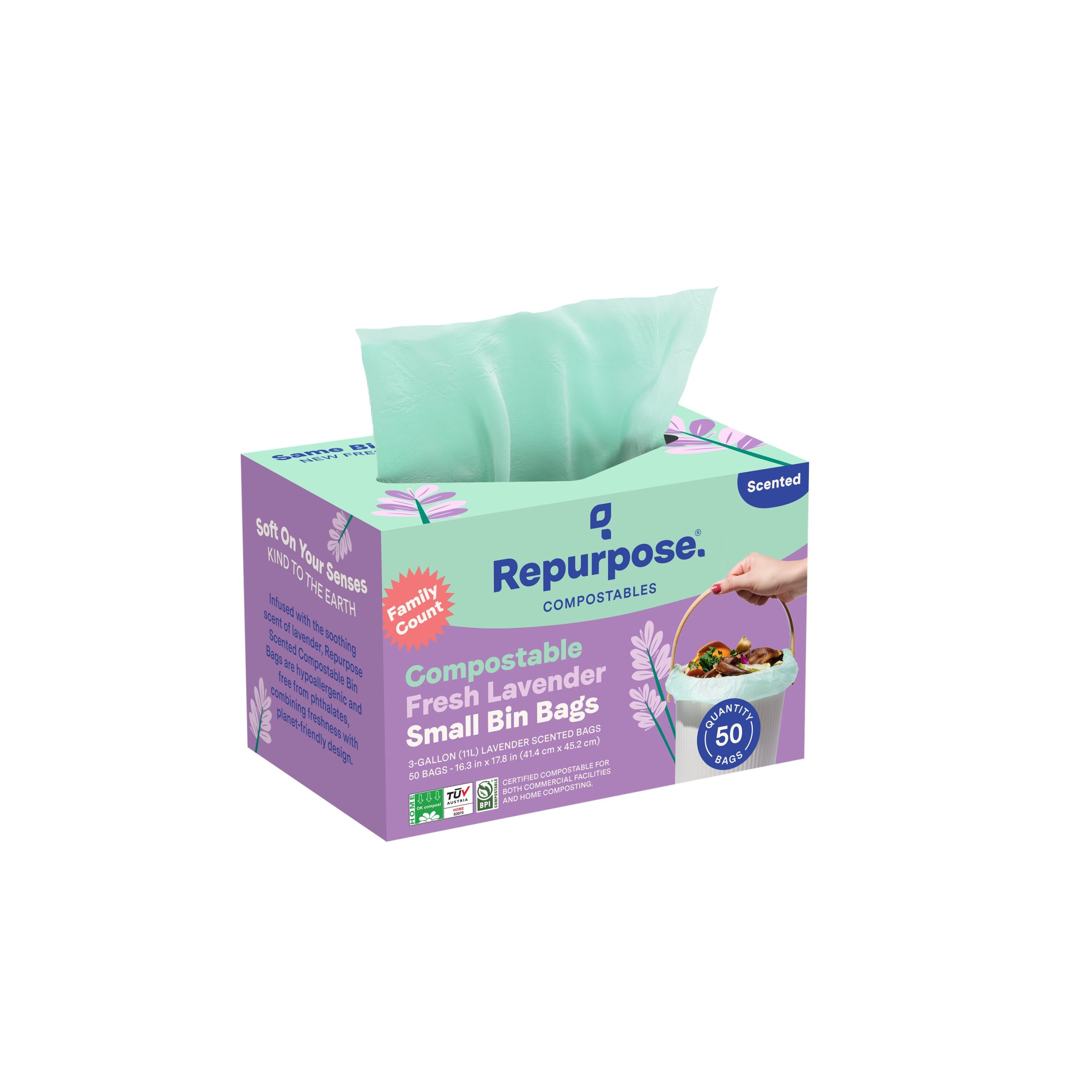 Repurpose_ScentedSmallBinBags50ct3gal_CompostableLavender_Front_1.jpg